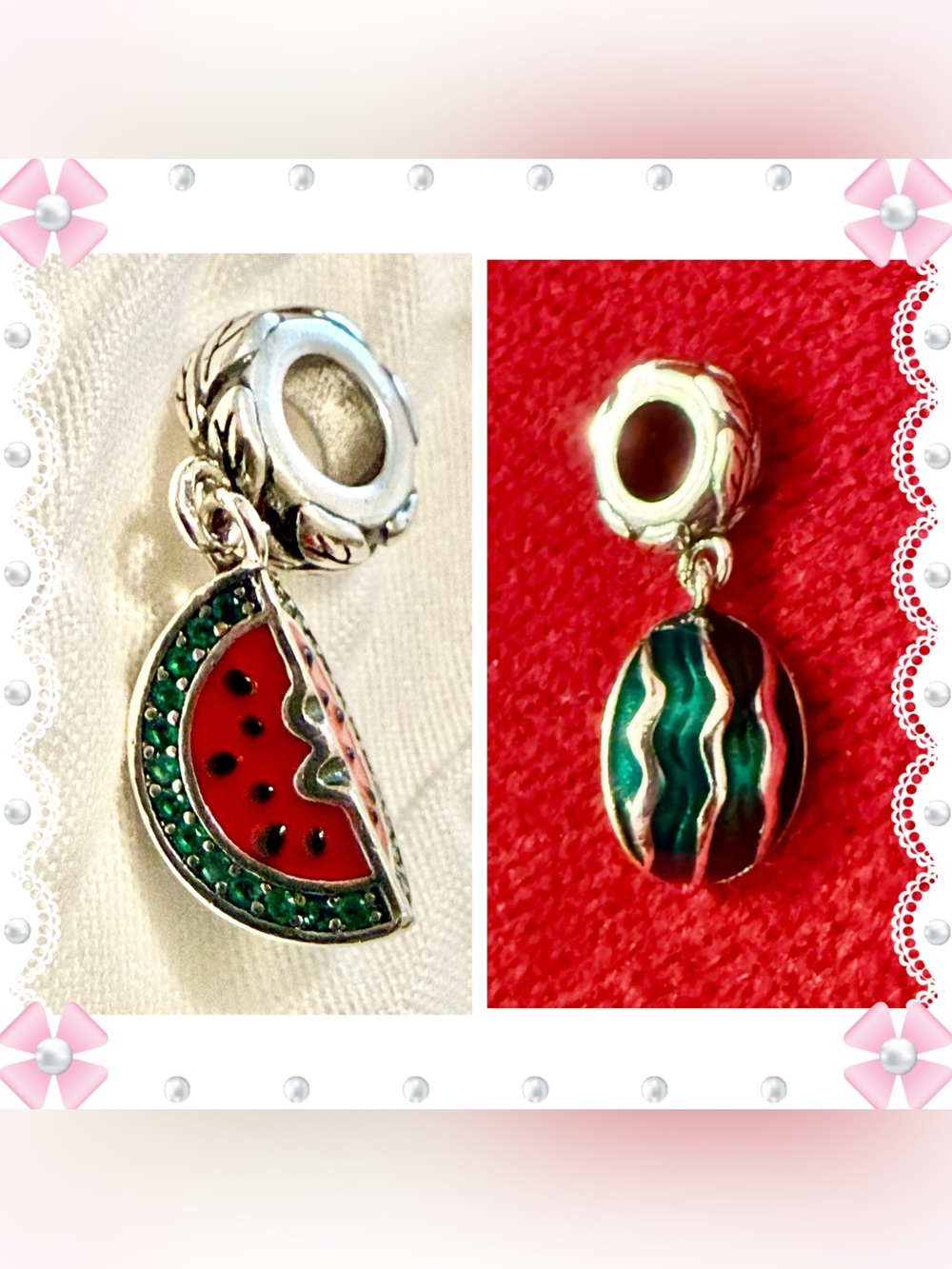 Charm / pendant - small watermelon charm - red, green, black & silver tone. New!